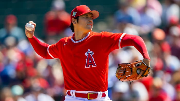 Mar 21, 2022; Tempe, Arizona, USA; Los Angeles Angels pitcher Shohei Ohtani against the Kansas City Royals during spring training at Tempe Diablo Stadium. Mandatory Credit: Mark J. Rebilas-USA TODAY Sports